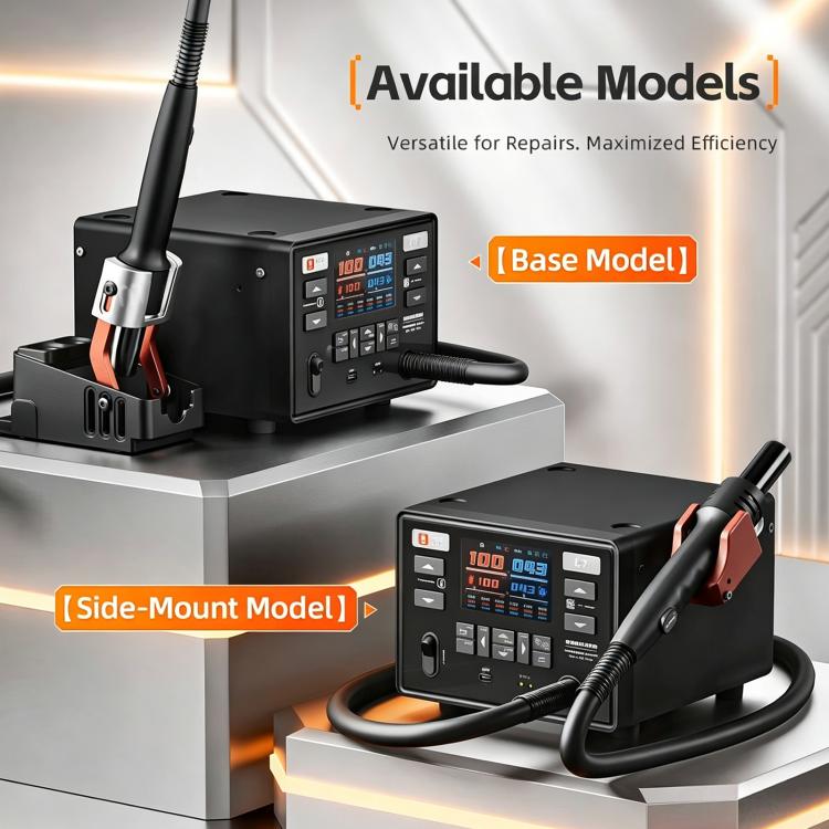 Curved hot air gun station on base with side-mounted nozzle holder, black control unit