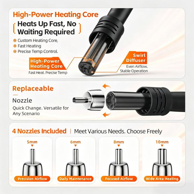 Curved hot air gun station with replaceable nozzle tips and heating core view