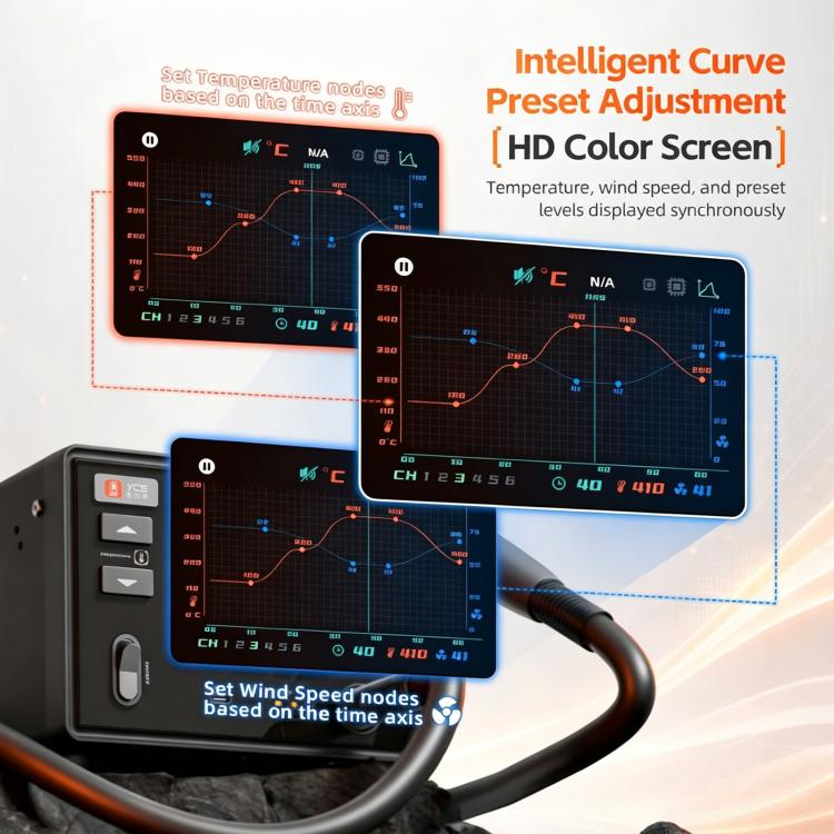 Curved hot air gun station with illuminated control screens and curved nozzle