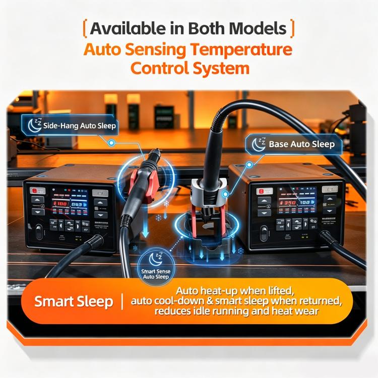 Curved hot air gun station with dual handles and smart auto-sleep control display
