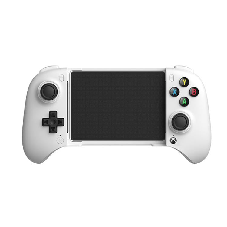 White mobile game controller with dual joysticks and ABXY button cluster on screen holder