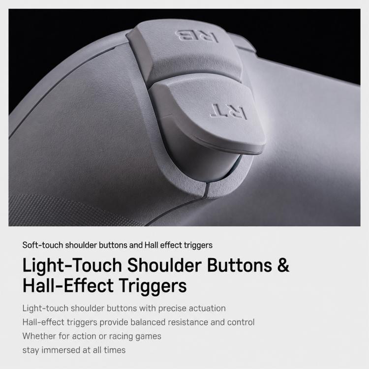 Light gray controller showing soft-touch shoulder buttons and hall-effect trigger area