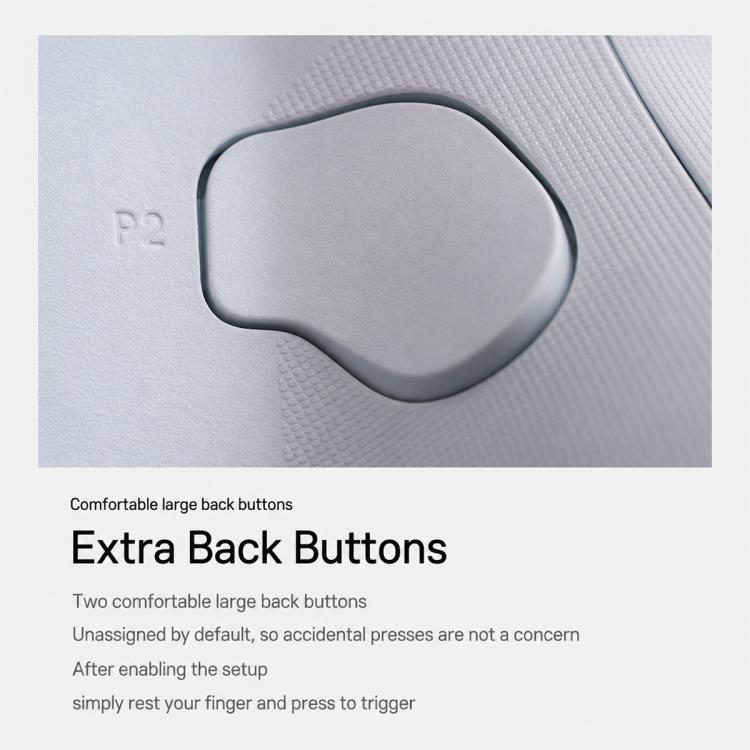 White controller back extra button labeled P2 with curved textured surface
