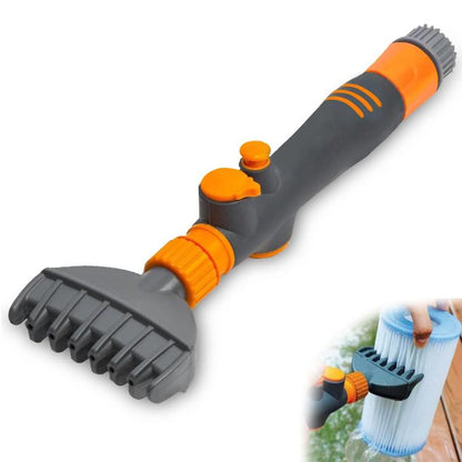 Handheld pool filter cleaning brush with black scrubbing head and orange grip
