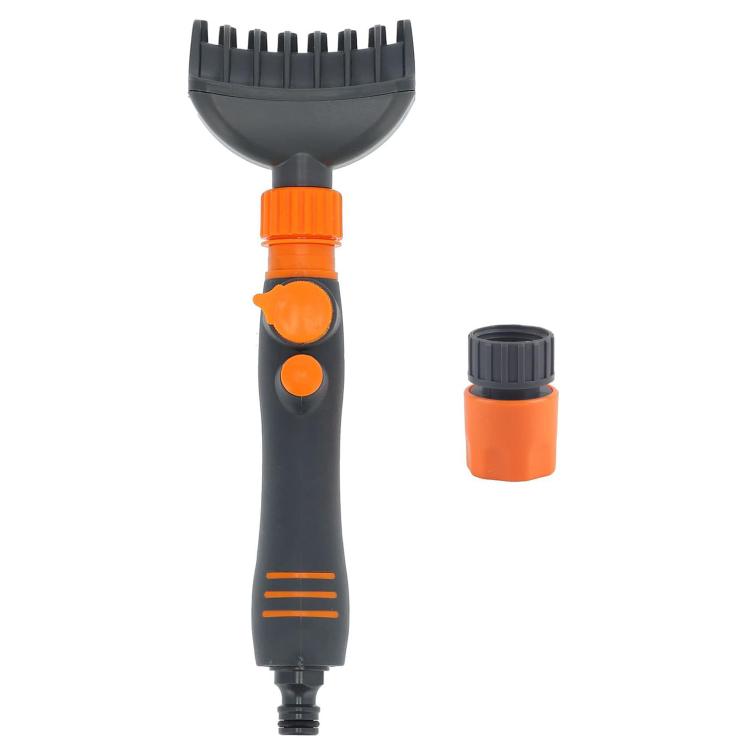 Handheld pool filter brush with black bristles, orange connector, and spare nozzle