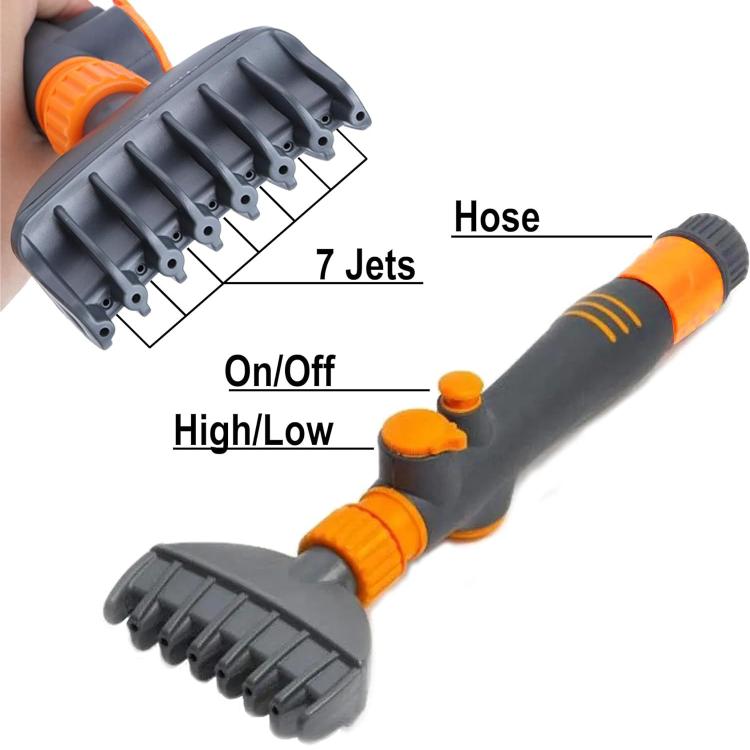 Handheld pool filter brush with adjustable sprayer head, orange controls, and 7 jets