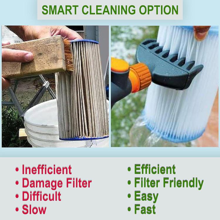Handheld pool filter cleaning brush with blue bristle head and orange/black handle