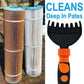 Pool filter cleaning brush head with black bristles, orange stem, and two control buttons