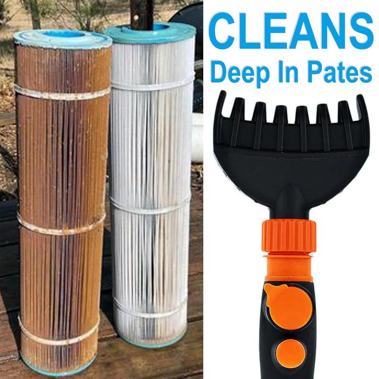 Pool filter cleaning brush head with black bristles, orange stem, and two control buttons