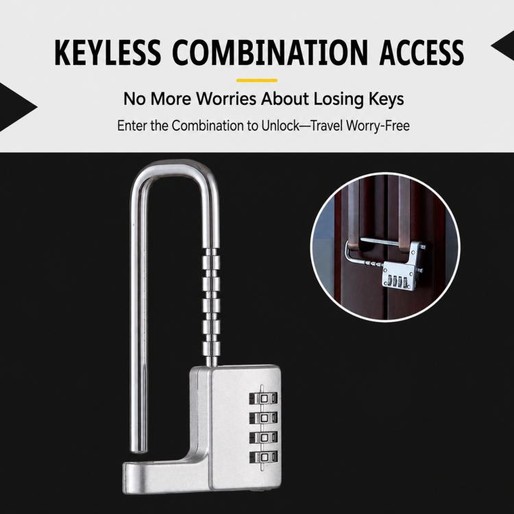 Chrome U-shackle keypad combination lock with telescoping rod attachment to a door handle