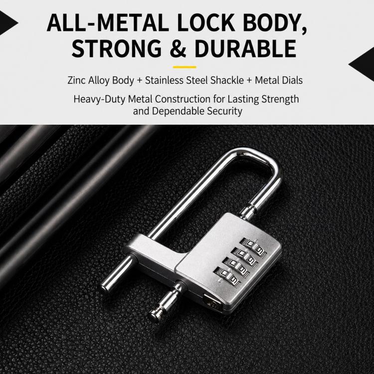 Metal combination lock with chrome U-shackle and 4-digit number dials on a compact body