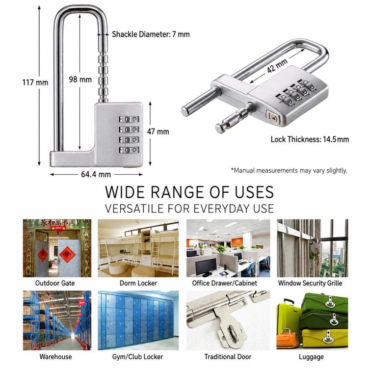 Chrome U-shackle combination lock with telescoping shaft and 4-digit keypad, shown with measurements