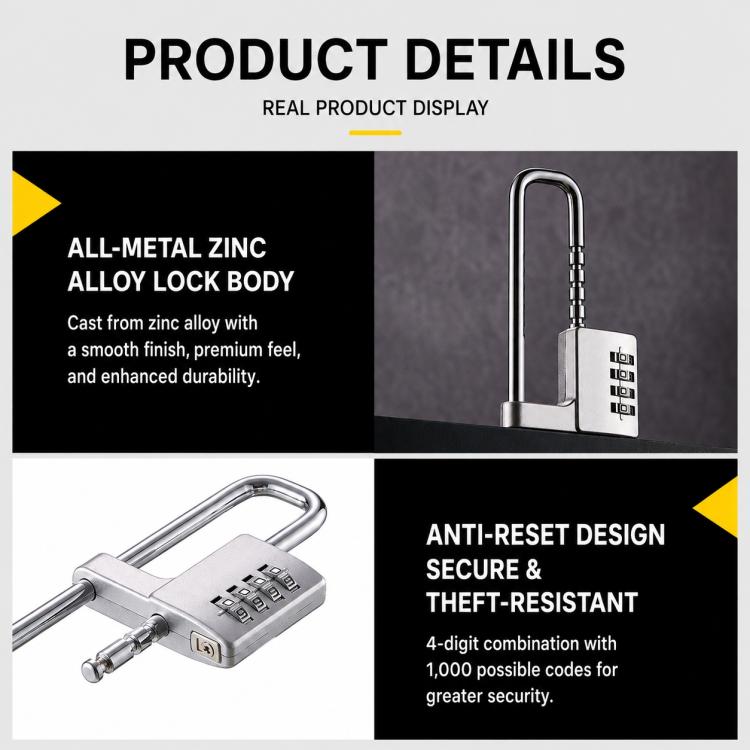 All-metal zinc combination lock with chrome shackle and 4-digit keypad, product details view