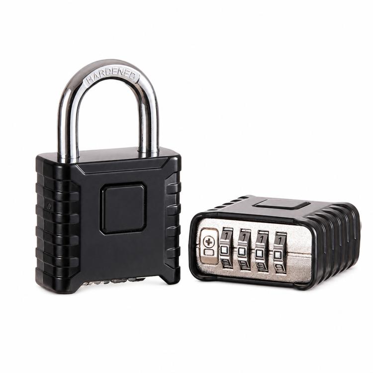 All-metal combination padlock with black body and short shackle, 4-digit reset dial