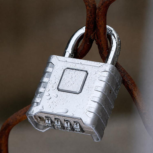 All-metal combination padlock with silver body and short shackle, 4-digit dial