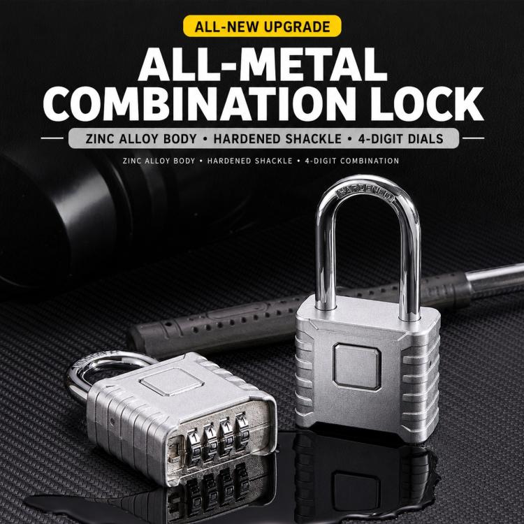 All-metal combination padlock set with silver body and short shackle, 4-digit dials