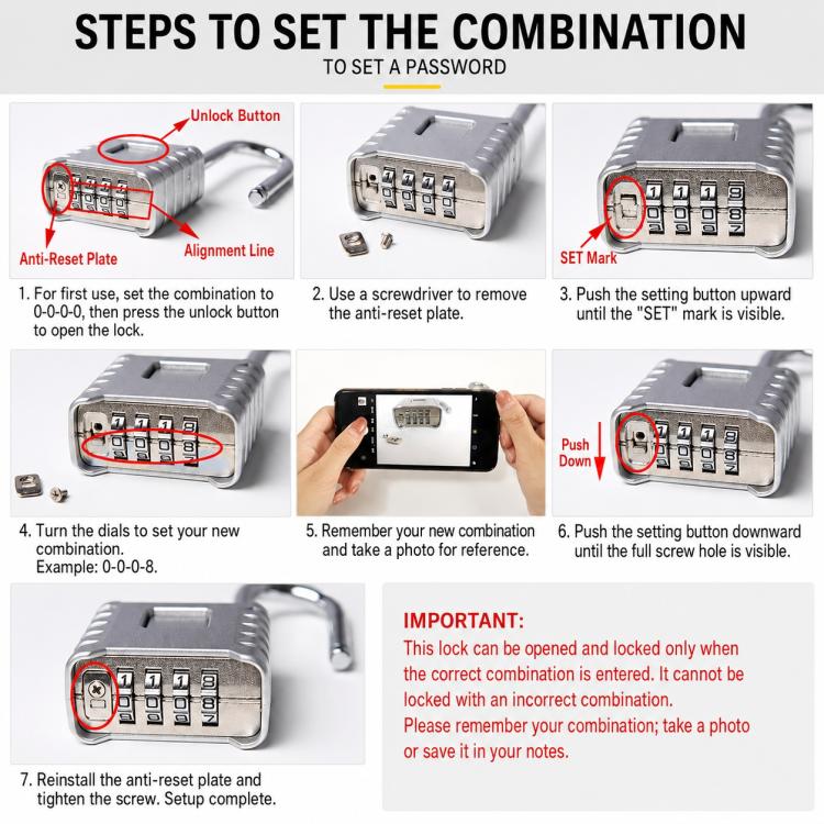 Silver combination padlock number dial with steps to set the lock code