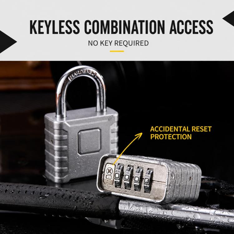 All-metal combination padlock with silver body, short shackle, and 4-digit dial