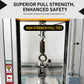 Combination padlock mounted in a pull-strength test rig with hanging ring