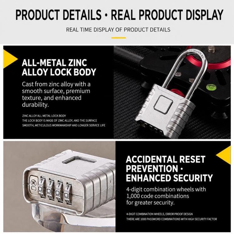 All-metal zinc alloy combination padlock with silver body and 4-digit dial
