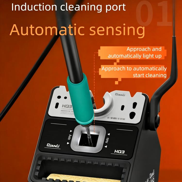 Induction cleaning port on soldering iron tip cleaner with teal handle inserted