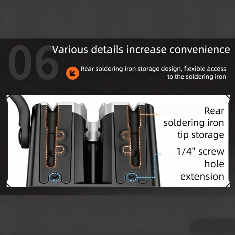 Rear storage area on soldering iron tip cleaner with tip slots and screw hole