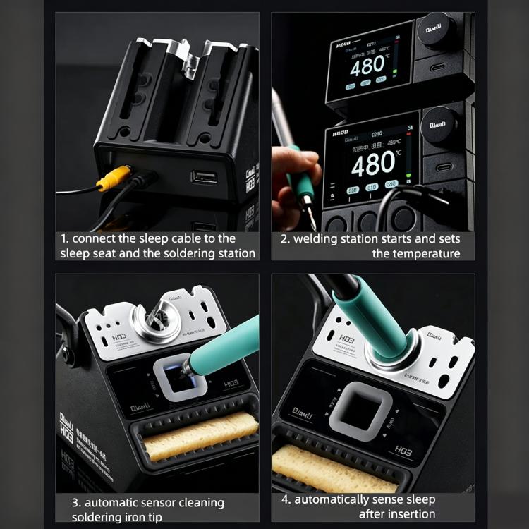 Soldering iron tip cleaner setup showing controller connection and automated sensor cleaning