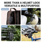 Black helmet lock attached to backpack and bicycle handlebar