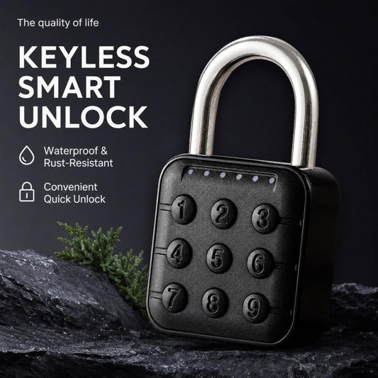 Black keypad smart padlock with metal shackle, 1-9 digit buttons on front