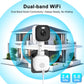 Dual-band WiFi surveillance camera with black lens housing and white mount stand