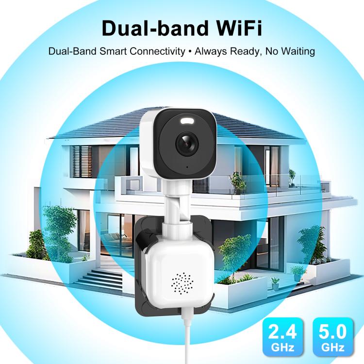 Dual-band WiFi surveillance camera with black lens housing and white mount stand