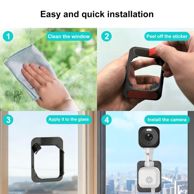 WiFi security camera with white base and black body on a window mount