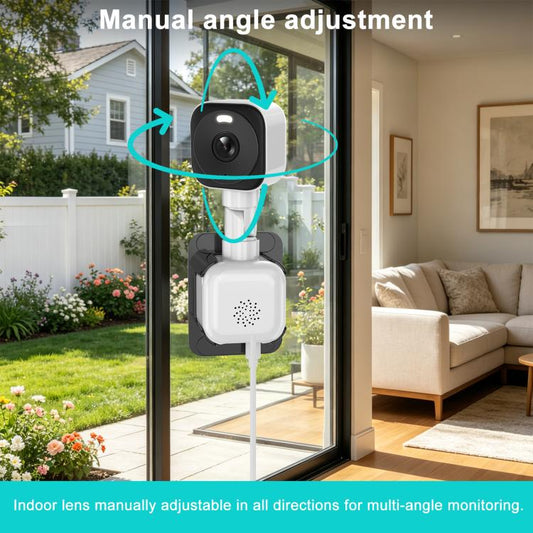 Manually adjustable security camera with front lens on white-and-black mount