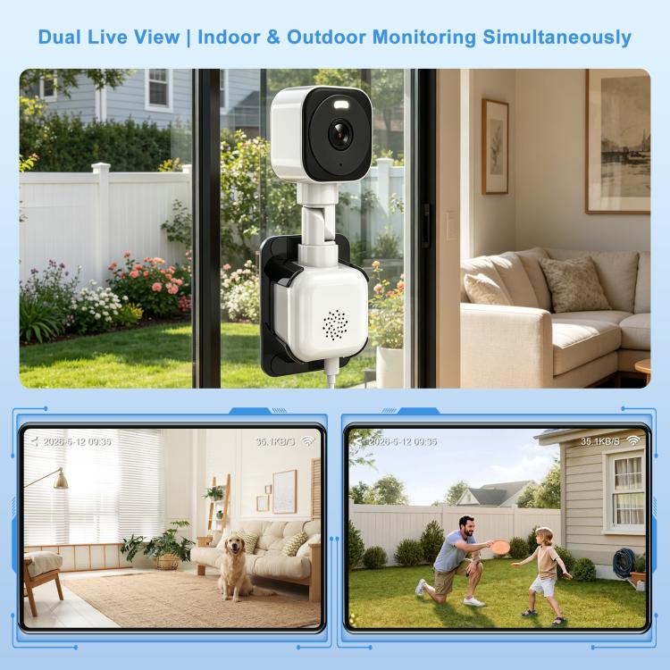 Dual surveillance camera with front lens, white housing, and black side covers