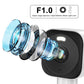 Close-up of security camera lens module with reflective glass elements