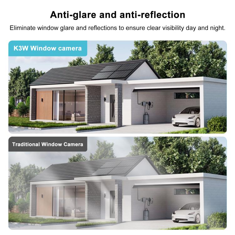 Window-facing security camera monitoring view with clear daytime visibility