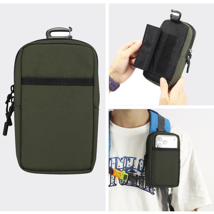 Dark green nylon portable shoulder phone bag with zip closure and top carry loop