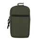 Dark green nylon phone bag with zip closure, side strap pull, and top carry handle