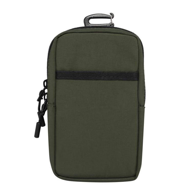 Dark green nylon phone bag with zip closure, side strap pull, and top carry handle