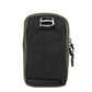 Dark green and black nylon phone bag with zip closure and front elastic panel