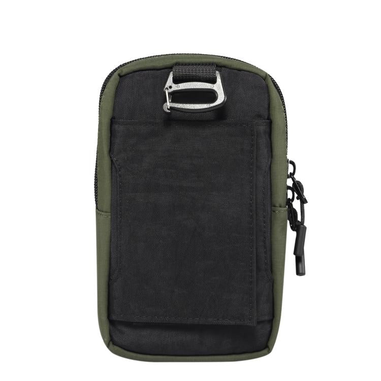 Dark green and black nylon phone bag with zip closure and front elastic panel