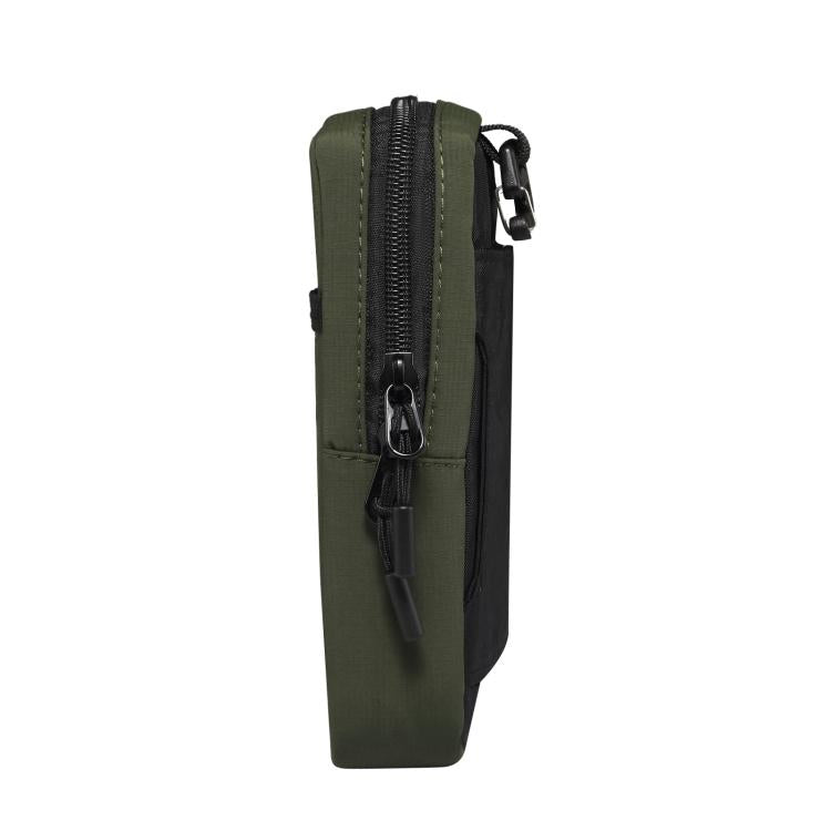 Dark green nylon phone bag side view with zip, zipper pull, and hanging strap