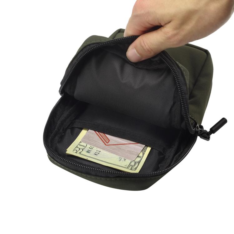 Dark green nylon phone bag open with zip top and mesh lining pocket