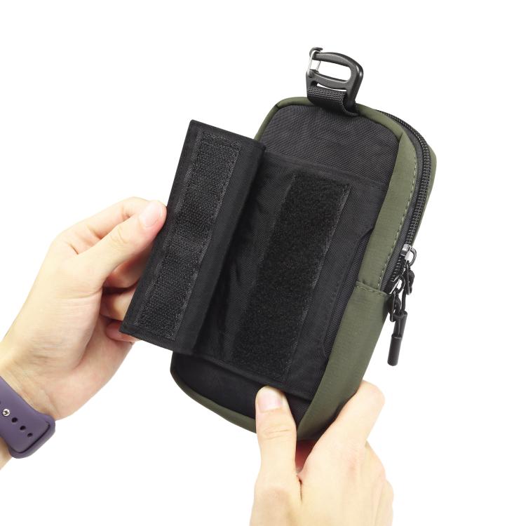 Dark green nylon phone bag with black front organizer pocket and zip closure