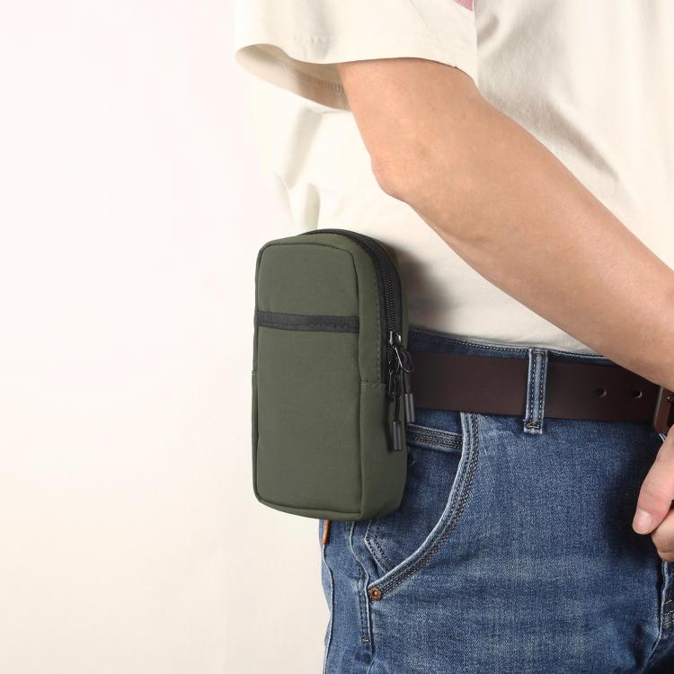 Dark green nylon phone bag worn on waist with zip closure