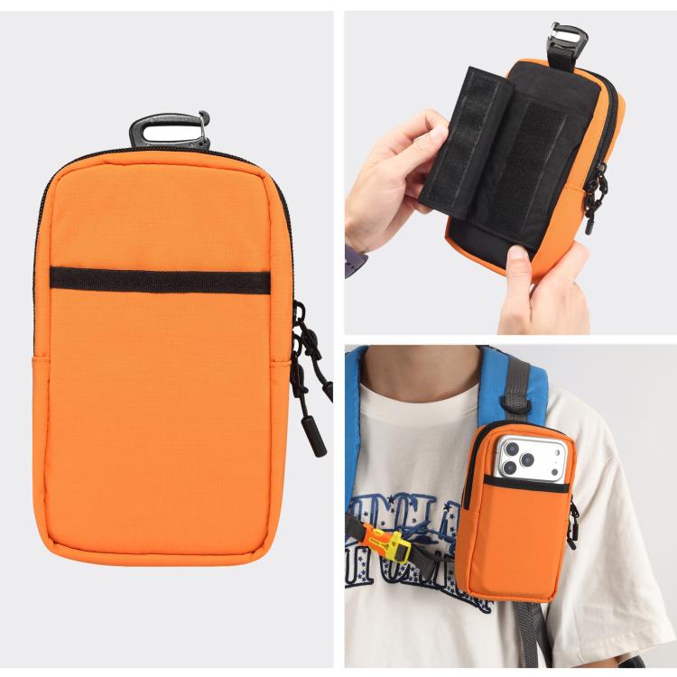 Orange nylon portable shoulder phone bag with zip closure and top carry loop
