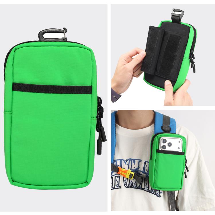Bright green nylon portable shoulder phone bag with zip closure and front black panel