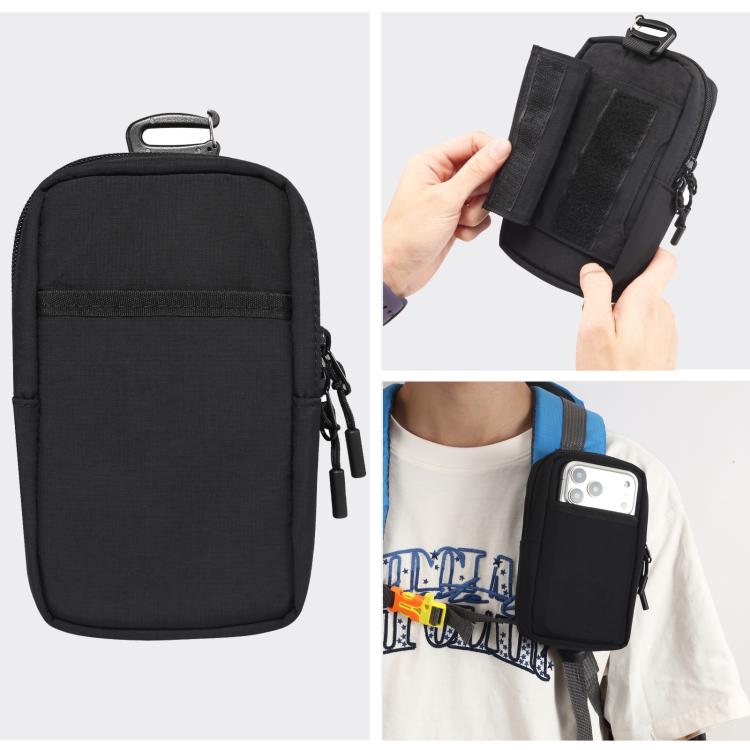 Black nylon portable phone bag with shoulder strap, zip closure, and top carrying handle