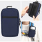 Blue nylon portable phone bag with shoulder strap, zip closure, and top carrying handle