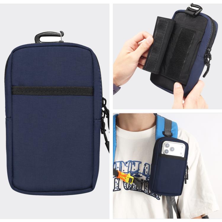 Blue nylon portable phone bag with shoulder strap, zip closure, and top carrying handle